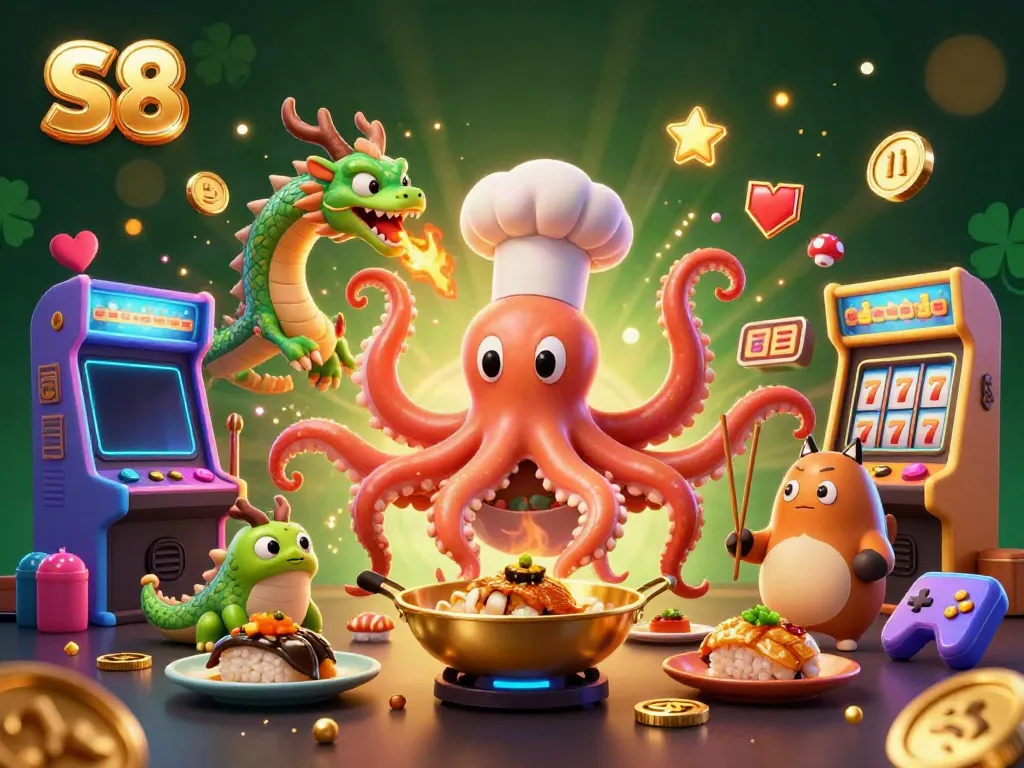 S8 interactive gaming scene with an octopus chef, dragon, and tanuki in a casino setting.