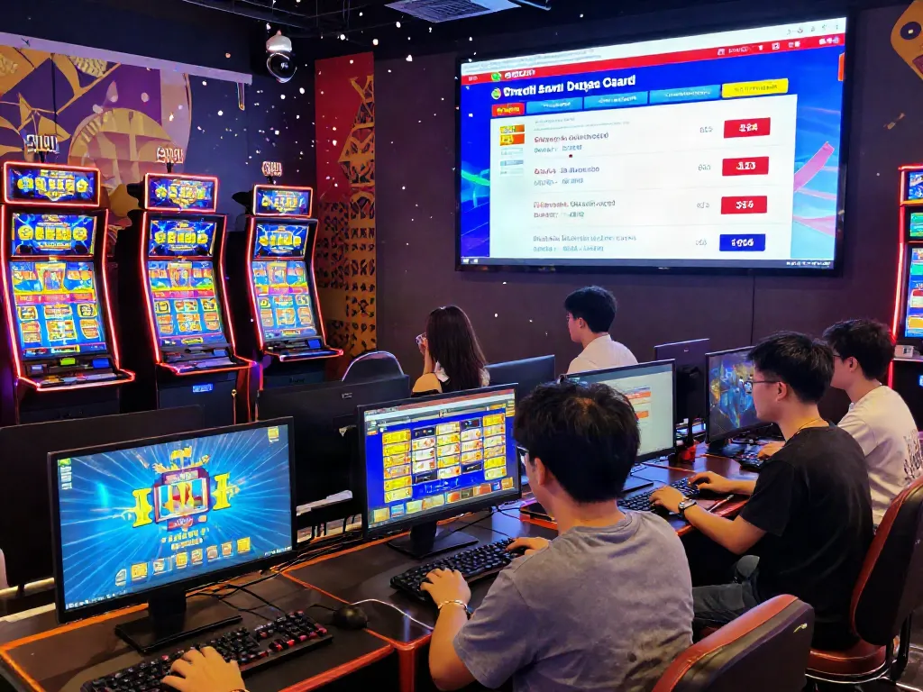 Excited players enjoying online gaming at credit card casino sites, surrounded by colorful graphics and casino vibes.