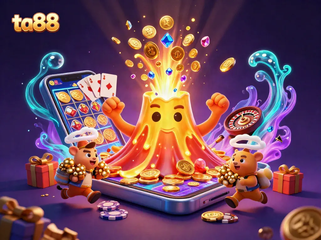 ta88 offers thrilling treasures as a golden volcano erupts gems and coins, enhancing the gaming experience.