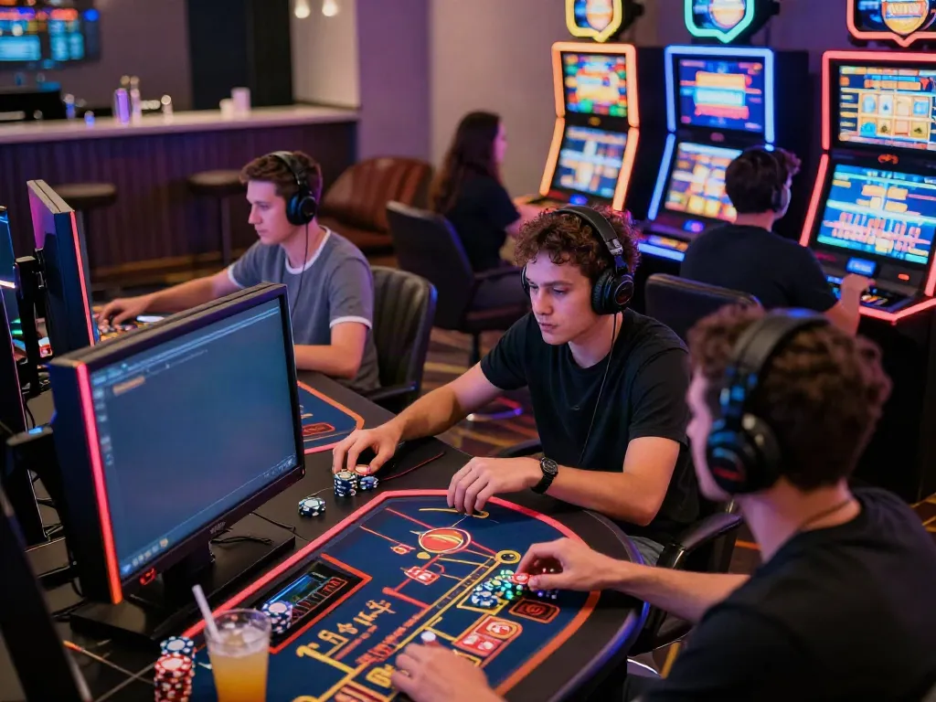 Engaged players at http://gem88-mobile.com enjoying vibrant online gaming in a stylish setting.