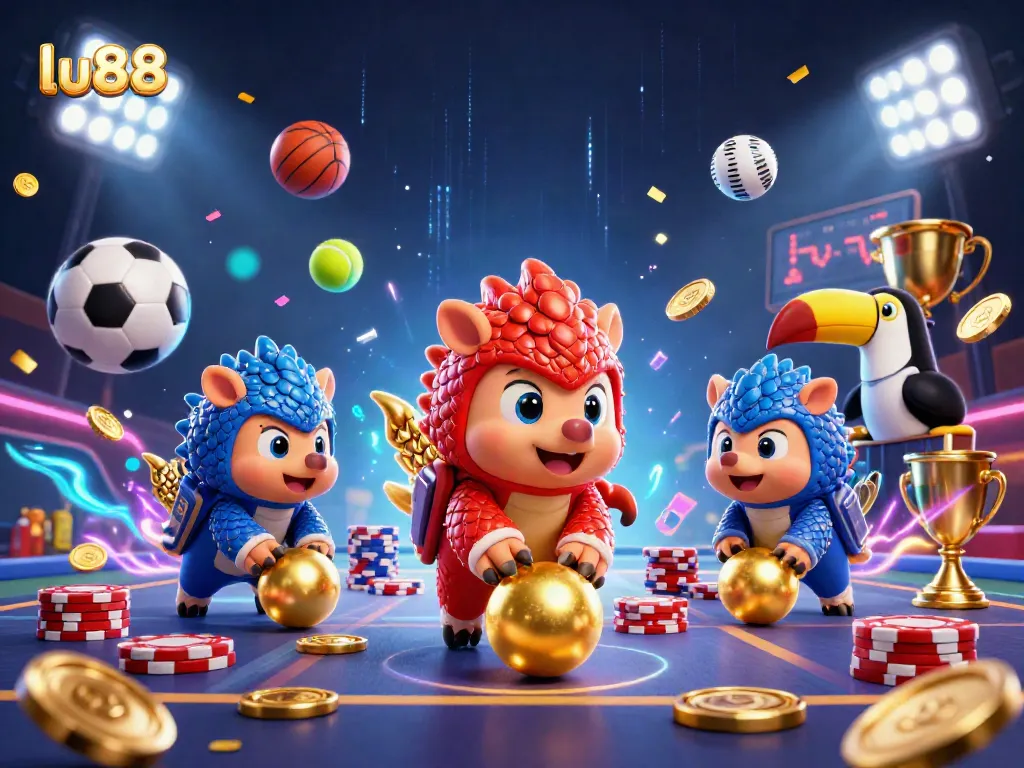 lu88 pangolins compete in a vibrant casino atmosphere, rolling poker chips and sports balls